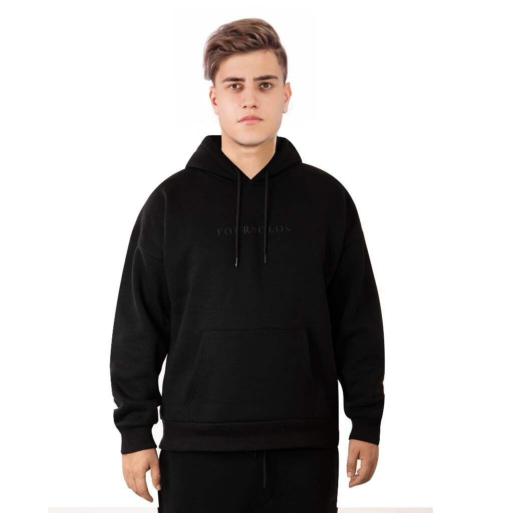 Siyah Erkek Hoodie, Kanguru Cepli, Kapüşonlu, 3 İplik Kumaş XXL