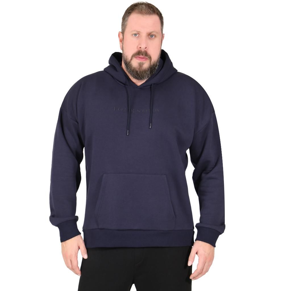 Lacivert Erkek Hoodie, Kanguru Cepli, Kapüşonlu, 3 İplik Kumaş XXL