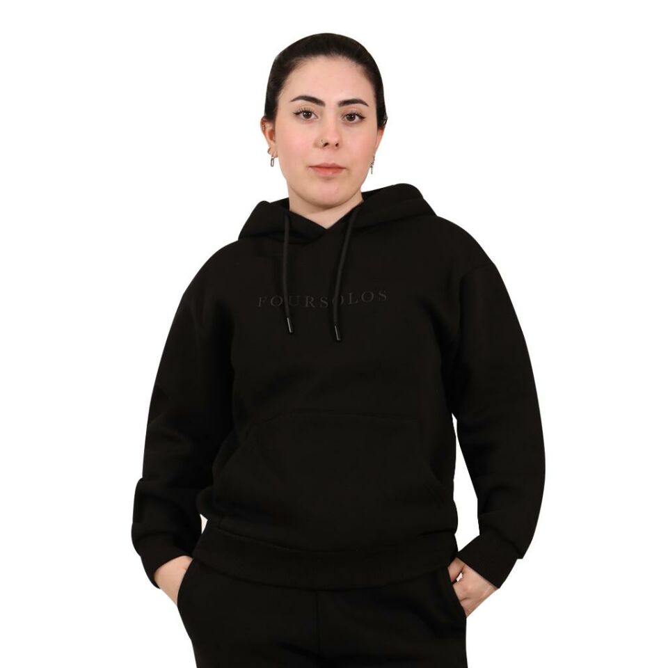 Siyah Kadın Hoodie, Kanguru Cepli, Kapüşonlu, 3 İplik Kumaş M