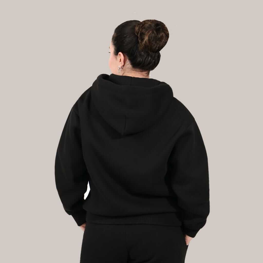 Siyah Kadın Hoodie, Kanguru Cepli, Kapüşonlu, 3 İplik Kumaş XL