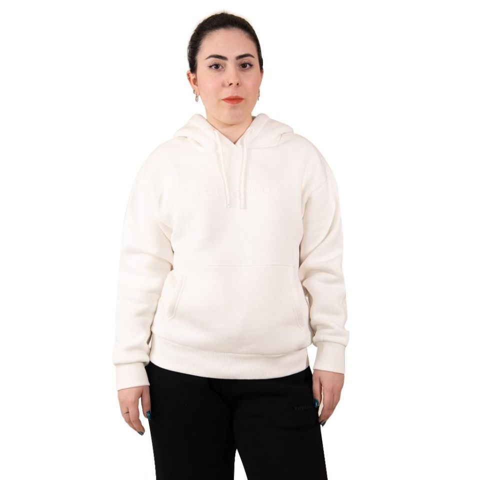 Ekru Kadın Hoodie, Kanguru Cepli, Kapüşonlu, 3 İplik Kumaş XL